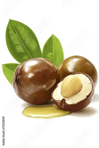 Two macadamia nuts  with leaf and oil illustration for beauty products and skin care	