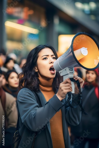 Asian Female activist protesting via megaphone © Sasa Visual