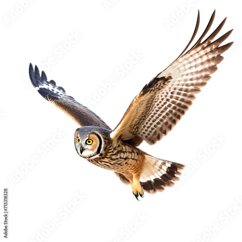 Owl in flight isolated on white background