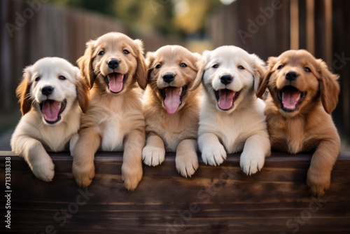 Five cute joyful labrador puppies with tongue out. Happy dogs concept.  photo