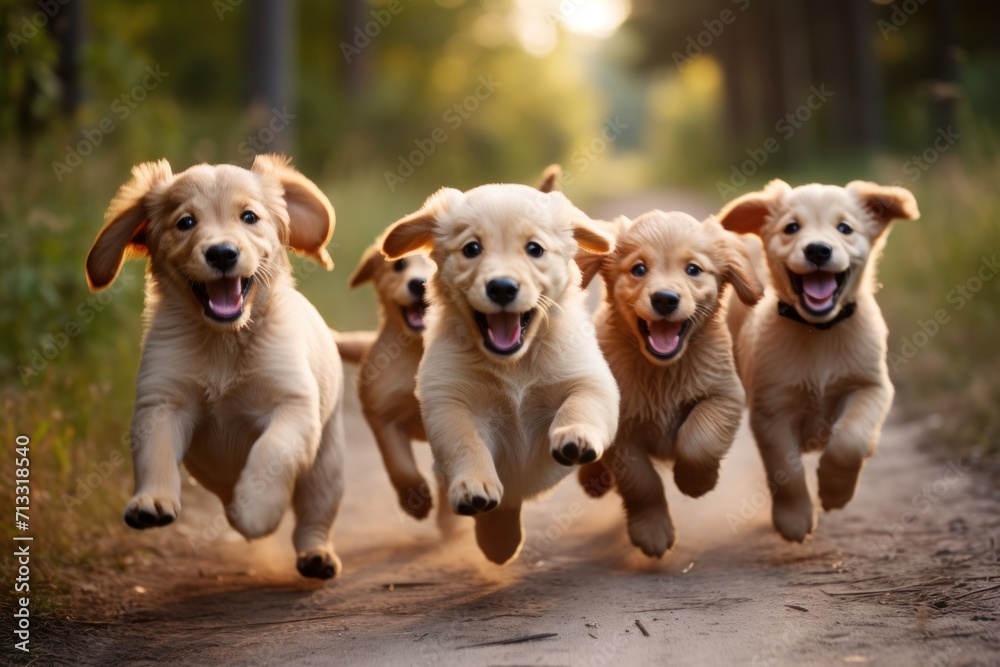 A group of joyful labradors puppies running with tongue out. Happy dogs concept. 