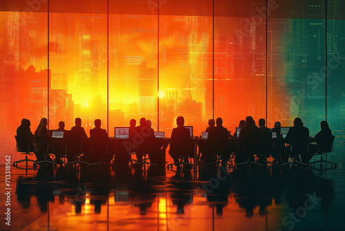 Silhouetted Professionals in Corporate Meeting at Sunset