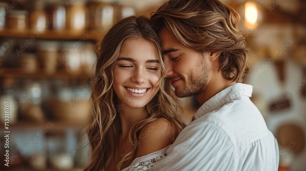 Affectionate pair embrace in spacious bedroom. Romantic tale side profile. Affectionate pair embrace in spacious bedroom. Romantic tale side profile.