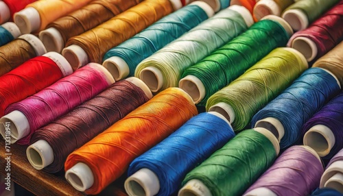 colorful spools of thread.a detailed digital illustration depicting spools of thread neatly arranged in rows, showcasing the vibrant and colorful embroidery thread commonly used in the garment industr