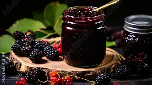 glass jar with blackberry jam and fresh berries on a wooden background