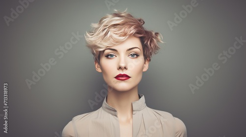 Beautiful woman with modern short hair style with space background for ads