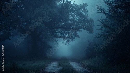 Enigmatic shadowy woods with eerie mist-covered path, set in a spooky Halloween setting.