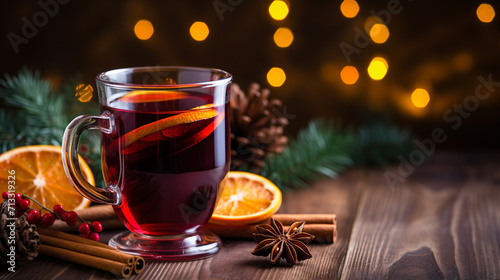 a glass of mulled wine on a wooden table. Christmas concept