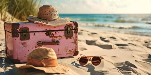 Pink suitcase with sunglasses and hat on the beach. Travel concept.