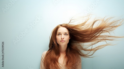 Beautiful woman with modern straight long hair style with space background for ads