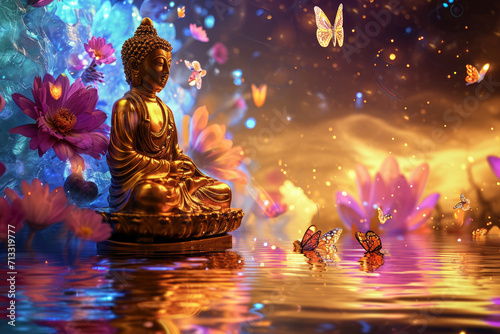 a big glowing golden buddha statue with glowing nature background  multicolor flowers  butterflies