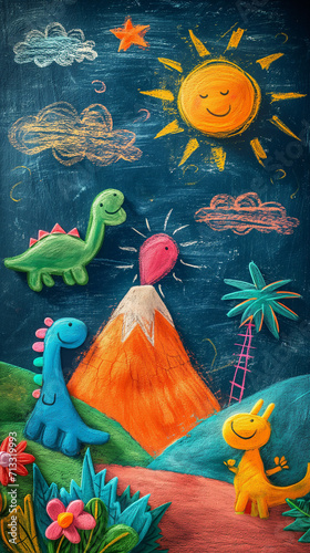 Prehistoric landscape with dinosaurs and volcanoes with chalk by Generative AI