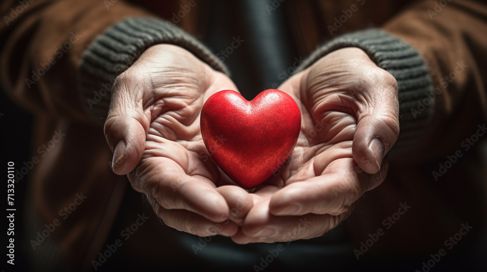 Fototapeta premium The hand presenting a red heart symbolizes a heartfelt gesture and a willingness to contribute to the well-being of others.