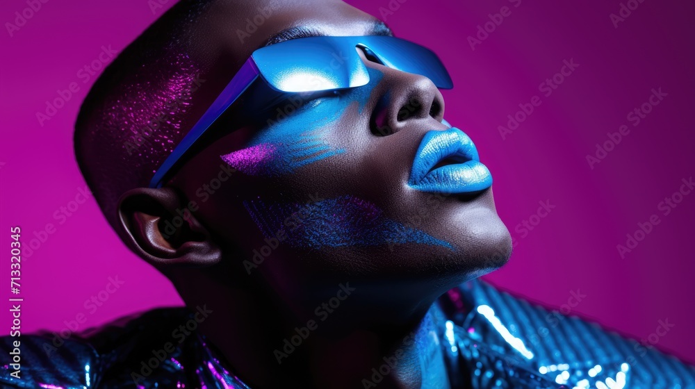Young handsome black model with a trendy neon make up and light Young handsome black model with a trendy neon make up and light