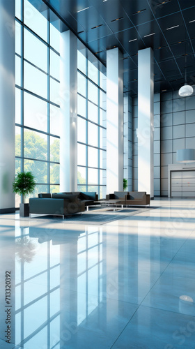 Spacious lobby with an open floor plan, minimalist furniture and large windows overlooking the cityscape. The interior is in cool blue tones, suggesting a corporate or technological atmosphere.