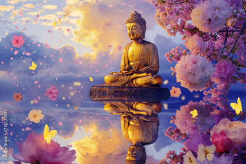a big glowing golden buddha statue with glowing nature background, multicolor flowers, butterflies