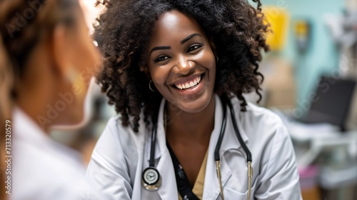 A cheerful nurse or physician discussing test outcomes or guidance with a mature individual in a hospital setting for medical support or feedback. photo