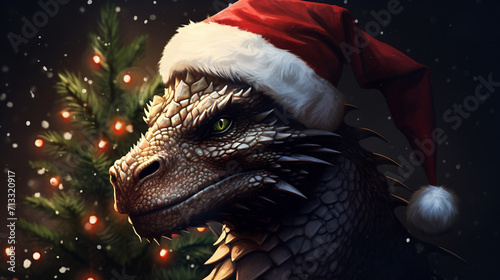 a dragon in a Santa Claus hat. year of the dragon concept