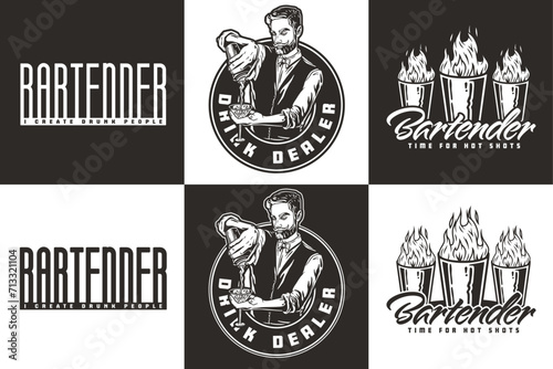 Bartender design with shot with fire and shaker for bartending school. Vector emblem set of chromed metal equipment or cocktail bar tool for barman or barkeep