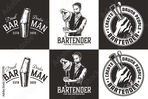 Bartender design with boston shaker and muddler for bartending school. Vector emblem set of chromed metal equipment or cocktail bar tool for barman or barkeep