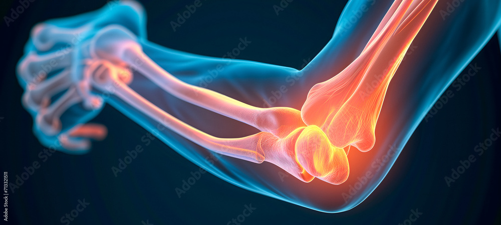 Naklejka premium Elbow Pain X-Ray Banner, 3d Illustration of Human Arm Anatomy or Injury, Medical Cure Concept.