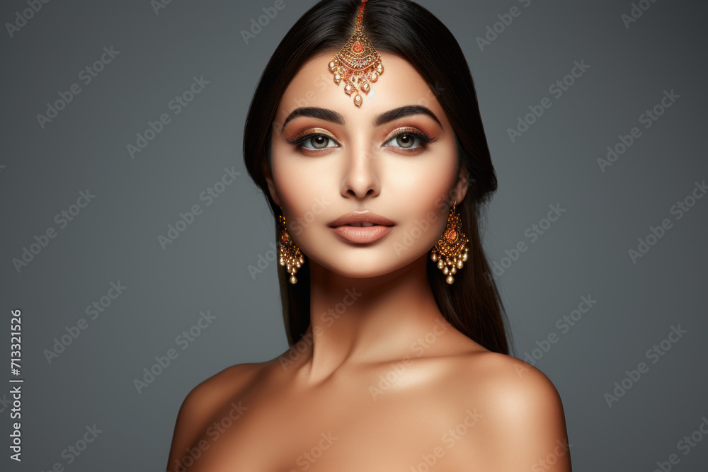 Portrait of beautiful indian girl. Young hindu woman model in sari and kundan jewelry