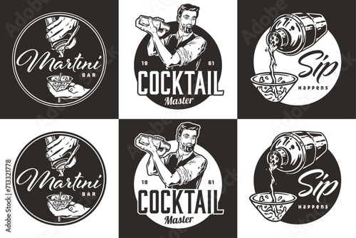 Bartender design with martini or margarita with shaker for bartending school. Vector emblem set of chromed metal equipment or cocktail bar tool for barman or barkeep