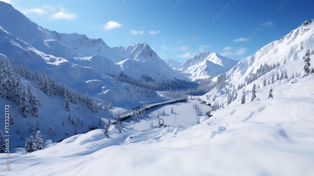 A vast mountainous landscape with snow-capped peaks, illuminated by the soft glow of the midday sun  -Generative Ai
