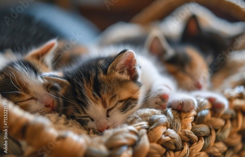 Little adorable kittens are sleeping in a basket. Created with Generative Ai technology.