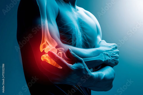 Human Anatomy Elbow Bones Joints And Muscle X-Ray Pain Or Problem Illustration, Broken Elbow Bone photo