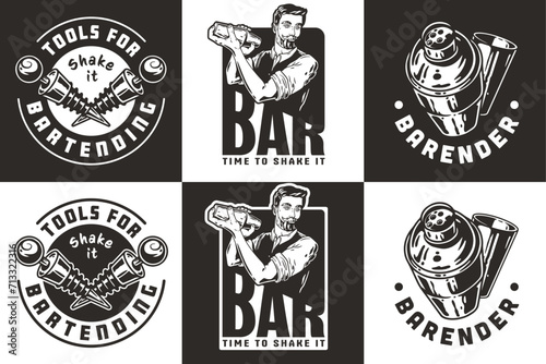 Bartender design with bottle stopper and boston shaker for bartending school. Vector emblem set of chromed metal equipment or cocktail bar tool for barman or barkeep