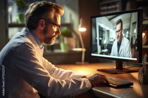 A doctor in a telehealth session providing medical advice online