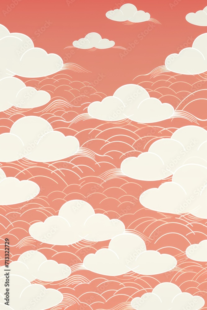 Ivory salmon and cloud cute square pattern, in the style of minimalist line drawings