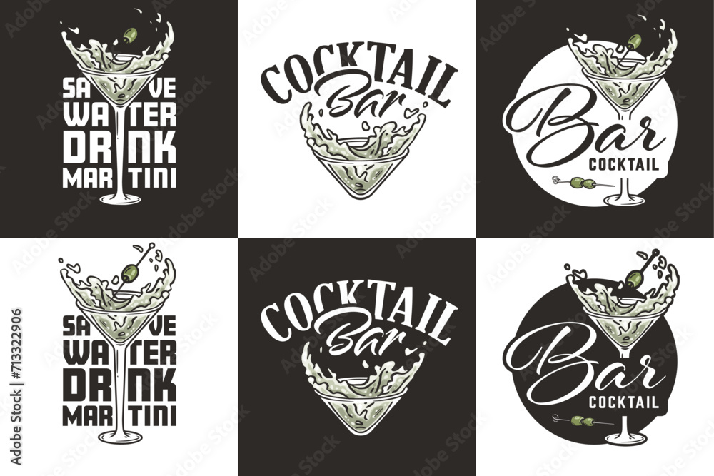 Fototapeta premium Martini vector set with olives and splashes for alcohol cocktail bar or drink party. Logo designs with glasses of martini for bartender or barman