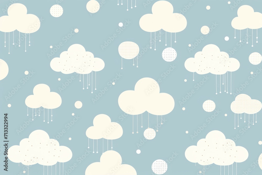 Ivory sky blue and cloud cute square pattern, in the style of minimalist line drawings