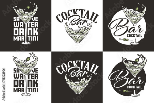 Martini vector set with olives and splashes for alcohol cocktail bar or drink party. Logo designs with glasses of martini for bartender or barman