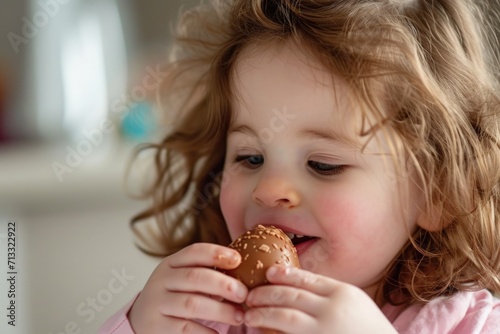Child eating chocolate easter egg, easter holiday concept.