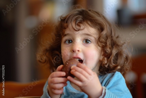 Child eating chocolate easter egg  easter holiday concept.