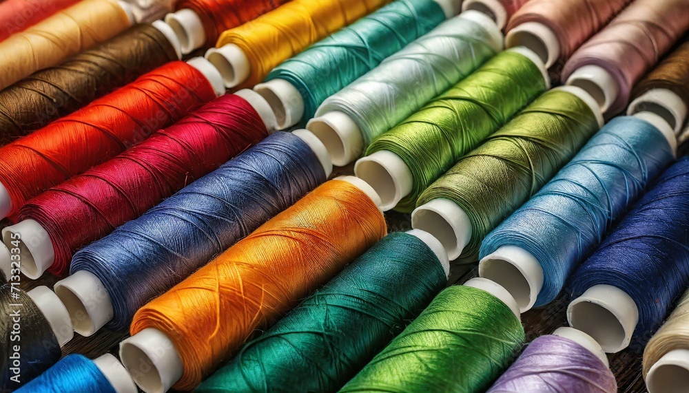 spools of thread.a realistic digital composition showcasing the orderly arrangement of spools of thread, emphasizing the diverse colors of embroidery thread essential for the garment industry. Convey spools of thread.a realistic digital composition showcasing the orderly arrangement of spools of thread, emphasizing the diverse colors of embroidery thread essential for the garment industry. Convey