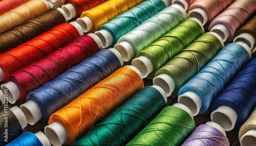 spools of thread.a realistic digital composition showcasing the orderly arrangement of spools of thread, emphasizing the diverse colors of embroidery thread essential for the garment industry. Convey 