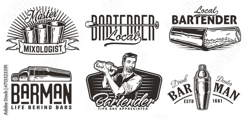 Bartender design with boston shaker in hands for bartending school. Vector emblem set of chromed metal equipment or cocktail bar tool for barman or barkeep