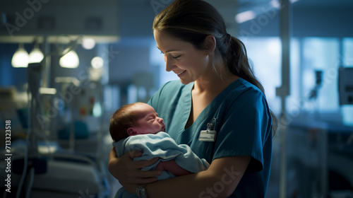 an obstetrician holds a newborn baby in his hands photo