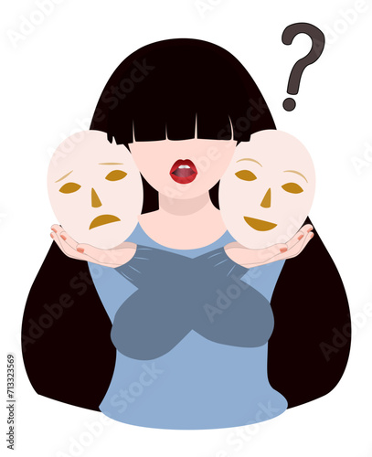 Woman with emotions. Mental health and psychology, awareness. Young girl chooses one of two masks. Mood, feelings and facial expressions. Fake and pretender. vector illustration.