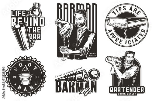 Bartender design with shot with fire, bottle stopper and boston shaker for bartending school. Vector emblem set of chromed metal equipment or cocktail bar tool for barman or barkeep