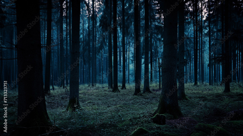 Fototapeta premium Dark Moody Landscape. Cinematic Photos in the Dark Forest. Horror Forest.