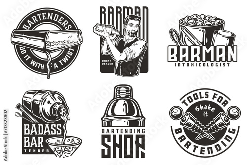 Bartender design with boston shaker and bottle stopper, bucket with ice for bartending school. Vector emblem set of chromed metal equipment or cocktail bar tool for barman or barkeep