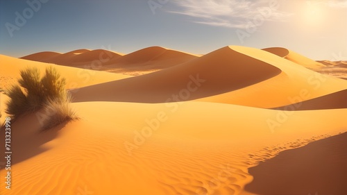 Landscape of golden sand dune with blue sky and sun in the desert  AI generation