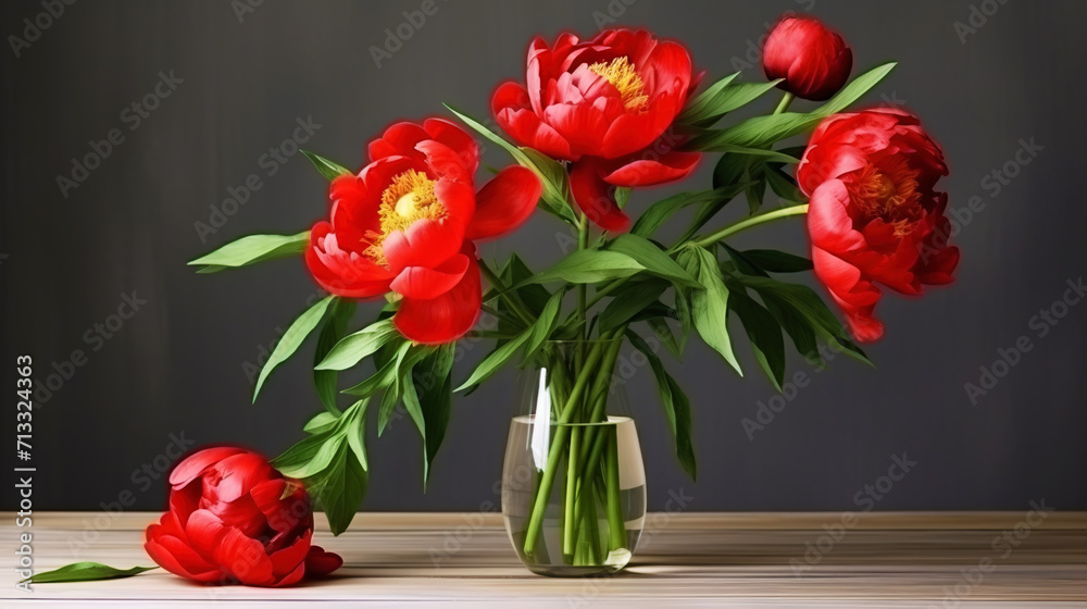 A large bouquet of red peonies with green leaves in a vase. Empty background, vintage charming style. Generative AI A large bouquet of red peonies with green leaves in a vase. Empty background, vintage charming style. Generative AI