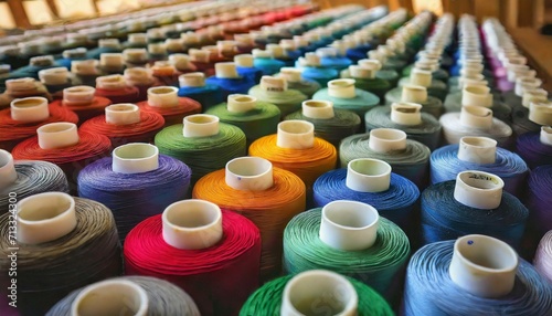 reels of thread.a visually appealing digital scene illustrating spools of thread meticulously arranged in rows  capturing the array of colors commonly found in embroidery thread. Emphasize the signifi