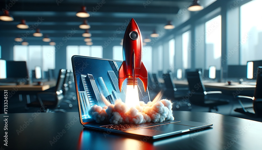 Digital illustration of launching space rocket from laptop screen. a ...